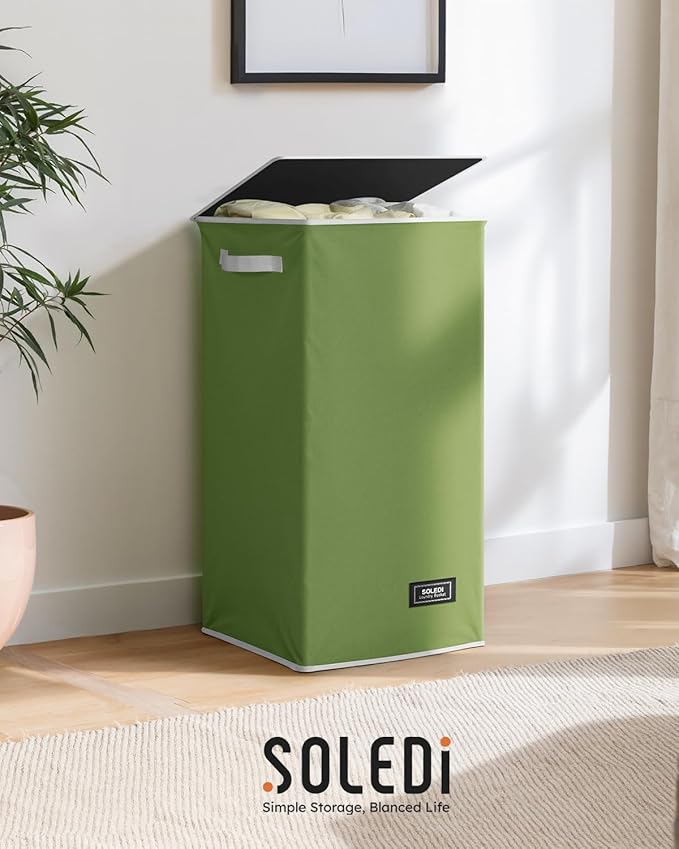 SOLEDI Laundry Hamper with Lid 100L Large & Tall Collapsible Laundry Basket, Clothes Hamper with Bag Removable Easy to Carry, Dirty Hampers for Bedroom, Bathroom, Dorm, College, Dark Green