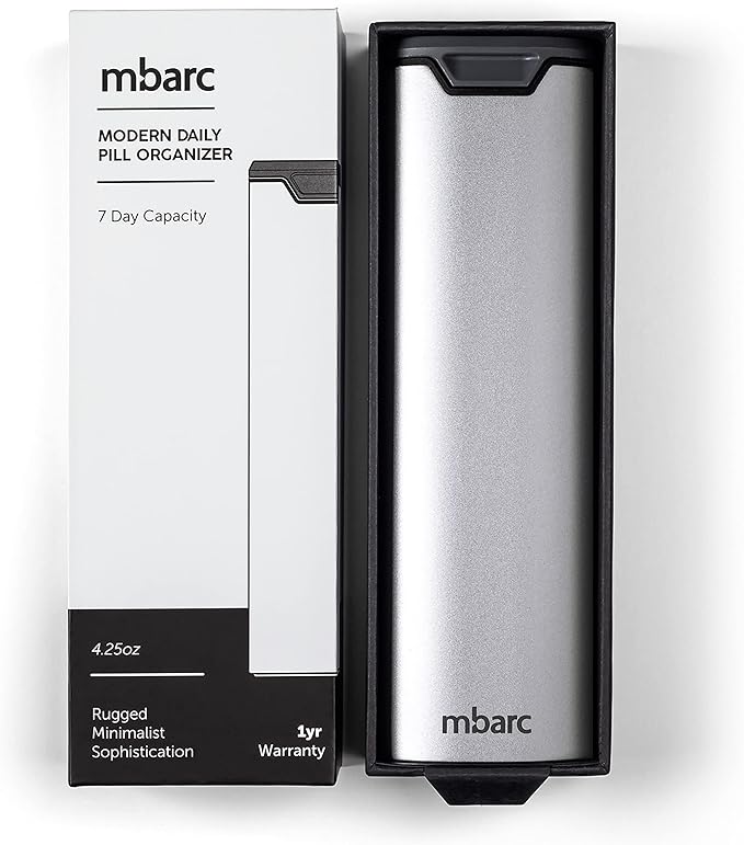 7 Day Weekly Pill Organizer 2.0 by mbarc - Premium Stylish Aluminum and Wood Large Capacity Pill Box for Supplements, Pills, Vitamins and Medication. (Metallic Silver)