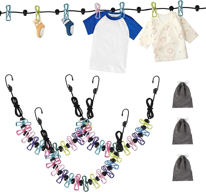 3 Pcs Travel Clothesline with 12 Colorful Clips, Portable Clothes Line Elastic Travel Clothesline for Indoor and Outdoor Balcony Outdoor Camping Use