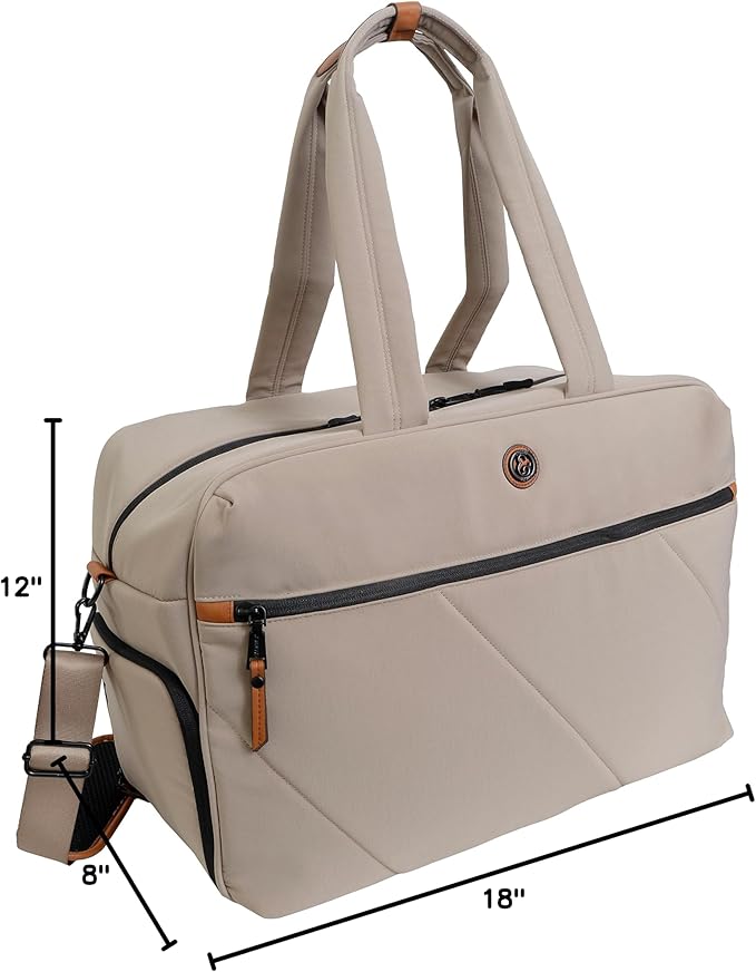 Joan & David 18" Travel Weekender Overnight Gym Duffel Bag, Includes Front Zip Pocket, Interior Zip, Zippered Shoe Pocket, Adjustable Straps with TSA Approved Bottles (Taupe)