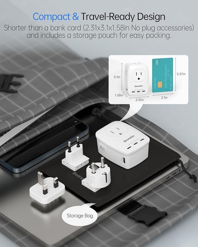 BEONDON European Travel Adapter Kit with Detachable Plugs (C/E/F/G) for UK, France, Germany, Italy, Spain & More - 2 US Outlets & 5 USB Ports (3 USB C) - Multi-Device Charger
