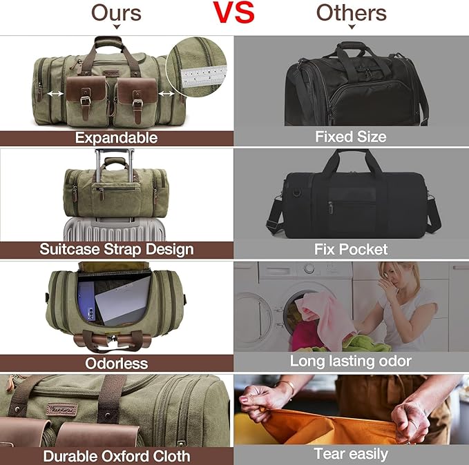 Wildroad 60L Travel Duffel Bag, Expandable Canvas Genuine Leather Duffle Bag Upgraded Overnight Weekender Bag Carry on Bag