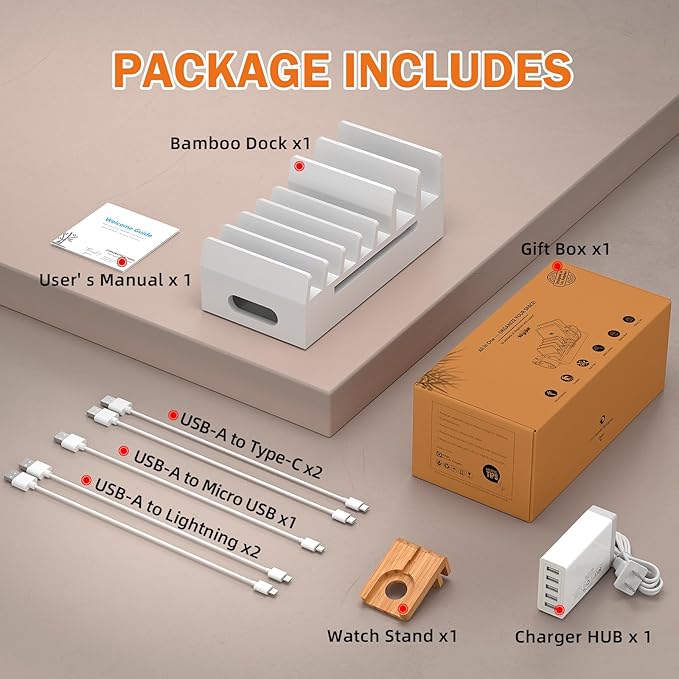 Pezin & Hulin Bamboo Charging Station with Watch Stand, Docking Holder for Multi Device with 5 Port USB Charger HUB, 5 Charge Cables, Desktop Electronic Organizer for Cellphone, Tablet, Watch-White