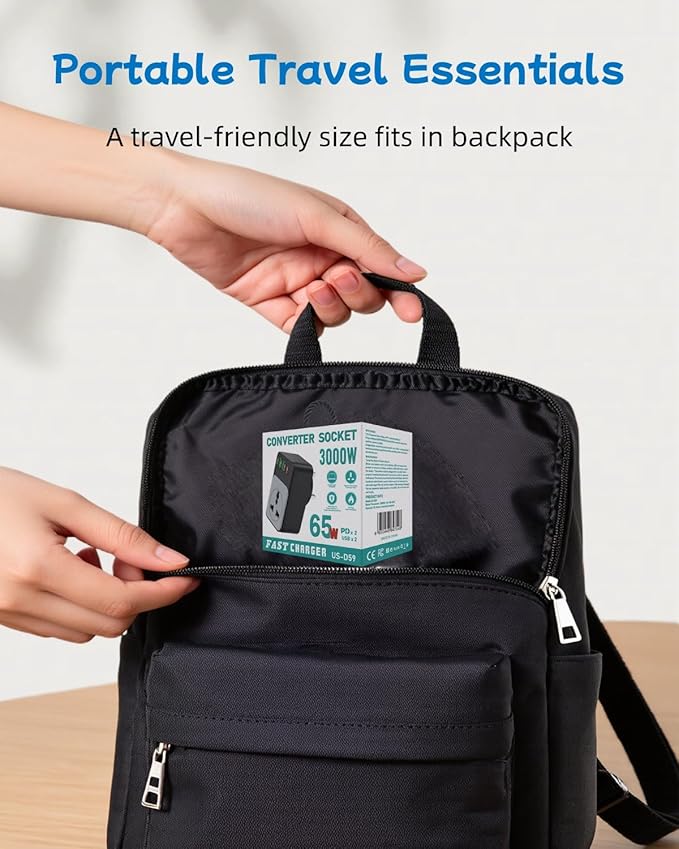 European Travel Plug Adapter, COOFINE 65W International Power Adapter with 2 PD USB C 2 USB Ports, Type E F Plug Adapter for US to Europe Spain Iceland German French, Europe Travel Essentials