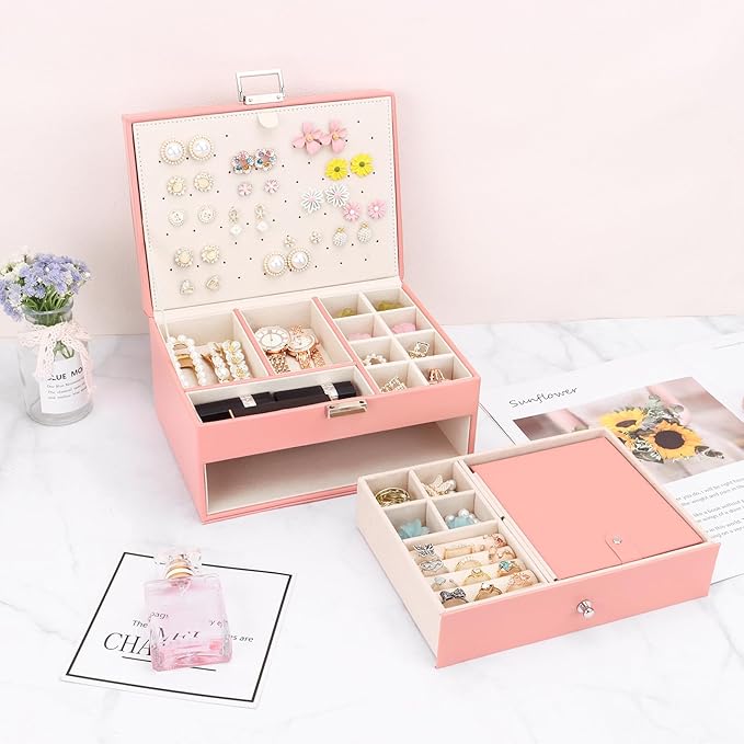 DesignSter Jewelry Organizer Box, 2 Layers Large Jewelry Box with Travel Jewelry Case, Leather Jewelry Storage Case for Rings Earrings Bracelets Necklaces (Pink)