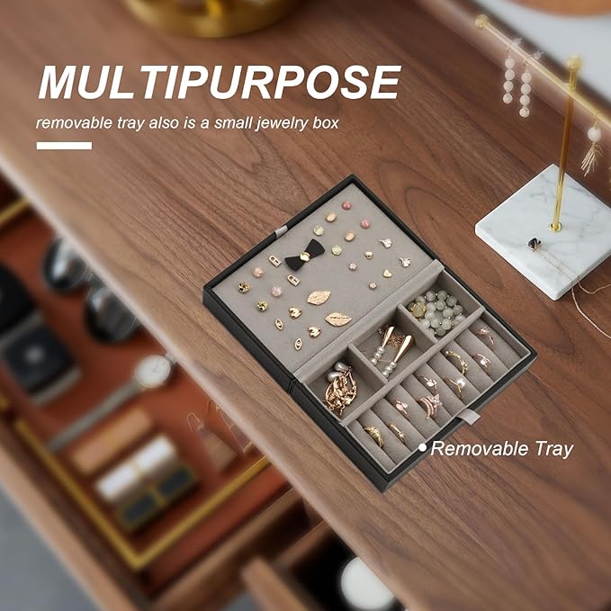 Jewelry Box for Women, Travel Jewelry Organizer Case with Jewelry Tray for Rings Earrings Necklaces Bracelets Watches, Black