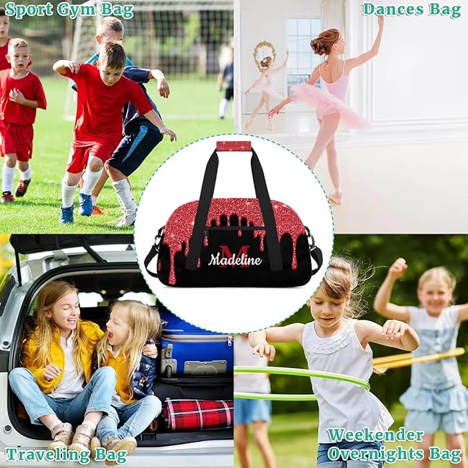 Personalized Kids Sports Duffel Bag with Name Custom Weekender Overnight Bag for Boys Girls Gym Bag Travel Dance Gymnastics Duffel Bag, Red Glitter
