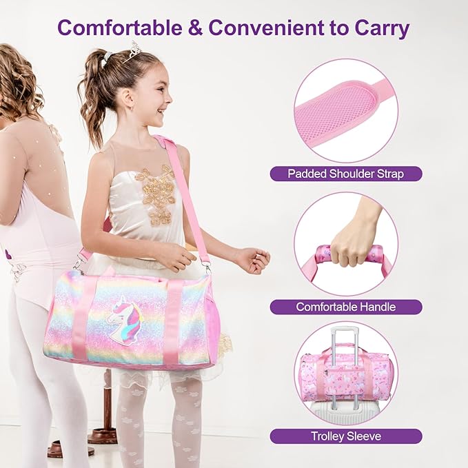Bagseri Dance Bag for Girls - Ballet Tote with Shoes Compartment, Kids Duffle Bag for Overnight Travel with Dry Wet Separation Pockets(Glitter Unicorn, Pink)