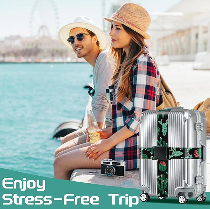 Slohif Luggage Straps for Suitcases Travel Belt Accessories Luggage Connector Identifiers Over Handle with Buckle Unique Boho Nylon Adjustable Strap for Sleeping Bag Car Seat Cactus (2 Pack)