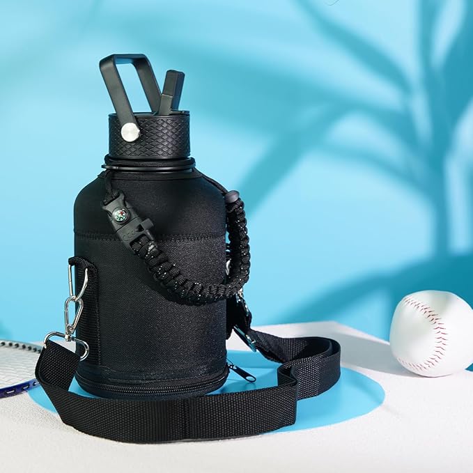 Half Gallon Insulated Water Bottle with Straw,64 oz 3 Lids Water Jug with Carrying Bag,Paracord Handle, Double Wall Vacuum Stainless Steel Metal Flask,Sky