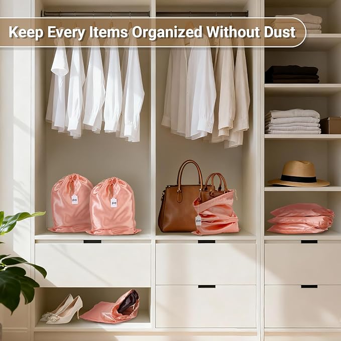 Ewen 7 Pack of 11.8x15.7in Pink Orange Dust Bags for Shoes, Satin Purse Storage Bags, Pouches Covers for Travel, Dust Cover Bag for Handbag, Closet Organizer Protectors, Silk Cloth Bag with Drawstring