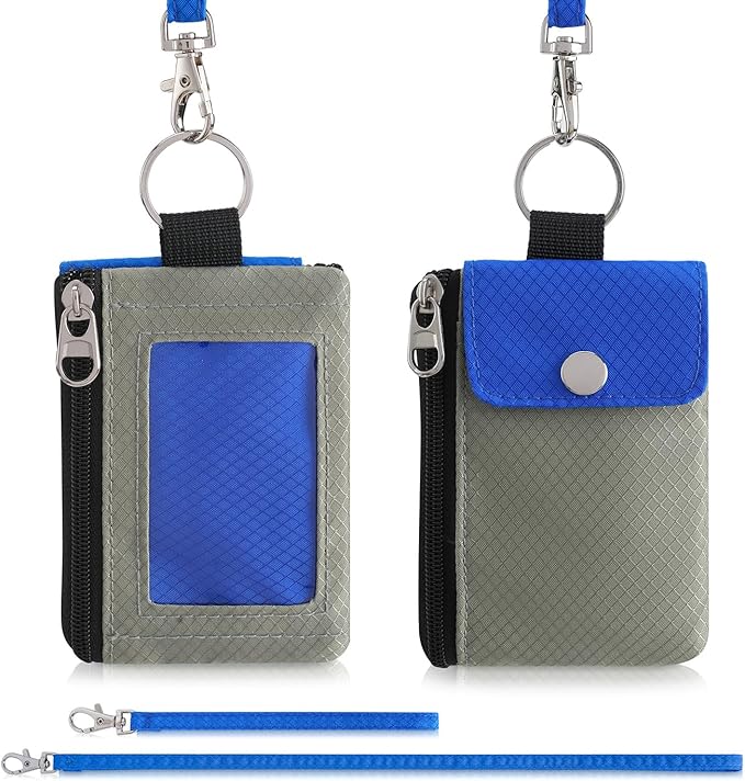 Minimalist Wallet For Mens Womens, Keychain RFID Blocking Zipper Small Wallet with ID Window 2 Lanyards,Water Resistant Travel Cash Card Coin Case Boys Girls