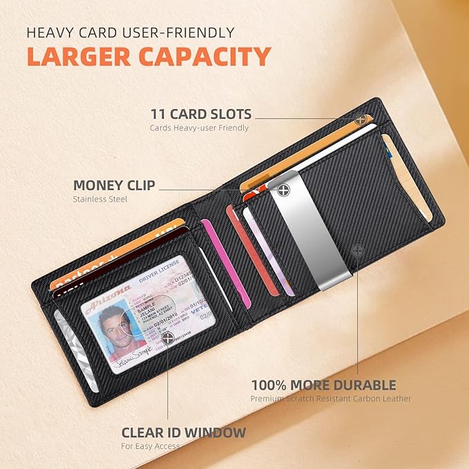 RUNBOX Slim Wallets for Men - Leather Money Clip Mens Wallet - RFID Blocking Front Pocket Bifold Wallet - Thin Credit Card Holder with Gift Box