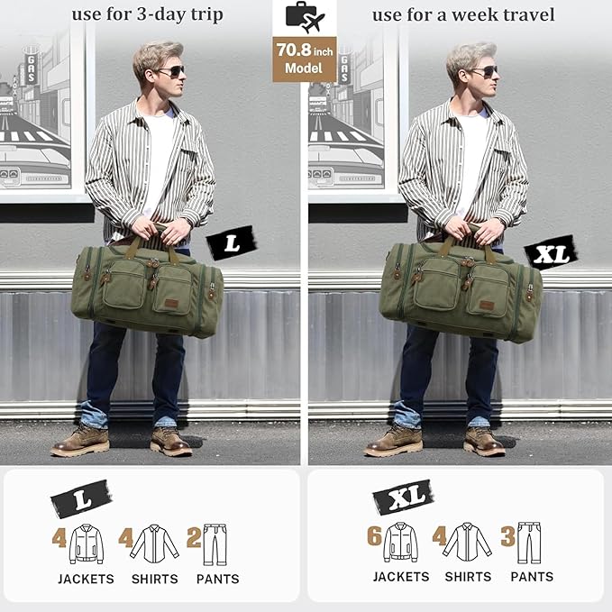 Gonex Canvas Duffle Bag for Travel, Expandable Water Resistant 60L Carry on Duffel Overnight Weekender Gym Bag with Wet Dry Separation Pocket & Suitcase Handle Sleeve, Army Green