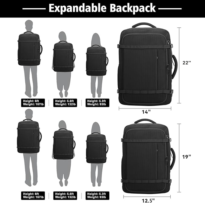 Travel Backpack,Carry On 40-50L Expandable Backpack with Cable Access Port,Fits 17.3 Inch Laptop, Water Resistant Weekender Bag Men Women for Business Trips, College, Hiking,Daily Commuting,Black