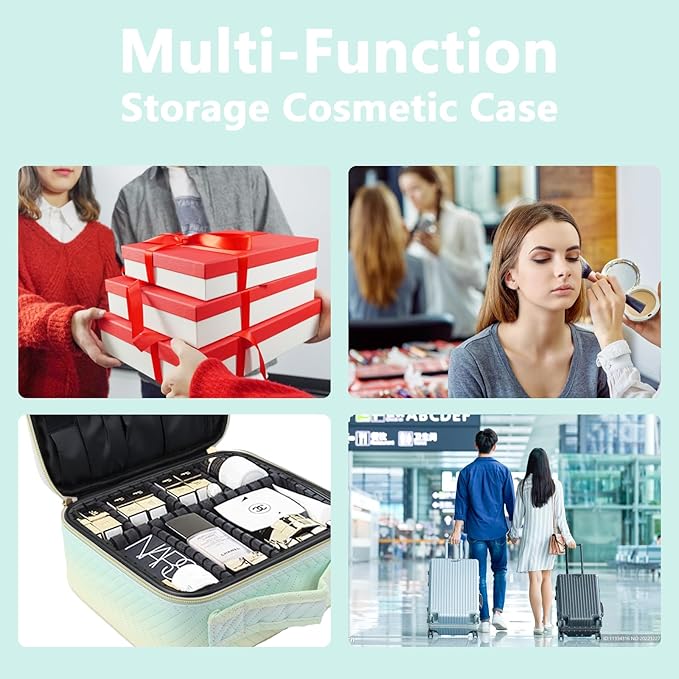 Travel Makeup Case 5 Layers Portable Makeup Train Case Cosmetic Bag Organizer Storage for Women with Adjustable Dividers and Shoulder Strap for Toiletry Travel Accessories(gradient green)