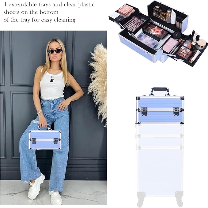 5 in 1 Professional Makeup Train Case Aluminum Cosmetic Case Rolling Makeup Case ExtraLarge Storage Organizer with Key Swivel Wheels Salon Barber Case for Make Up Nail Hairstylists, Blue