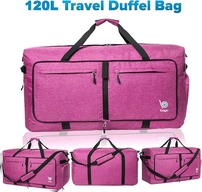 Bago Large Foldable Duffel Bags for Traveling Women & Men - 120L Packable Duffle Bag for Travel with Shoe Compartment - Water Repellant, Heavy Duty, Lightweight Folding & Collapsible (SnowPink)