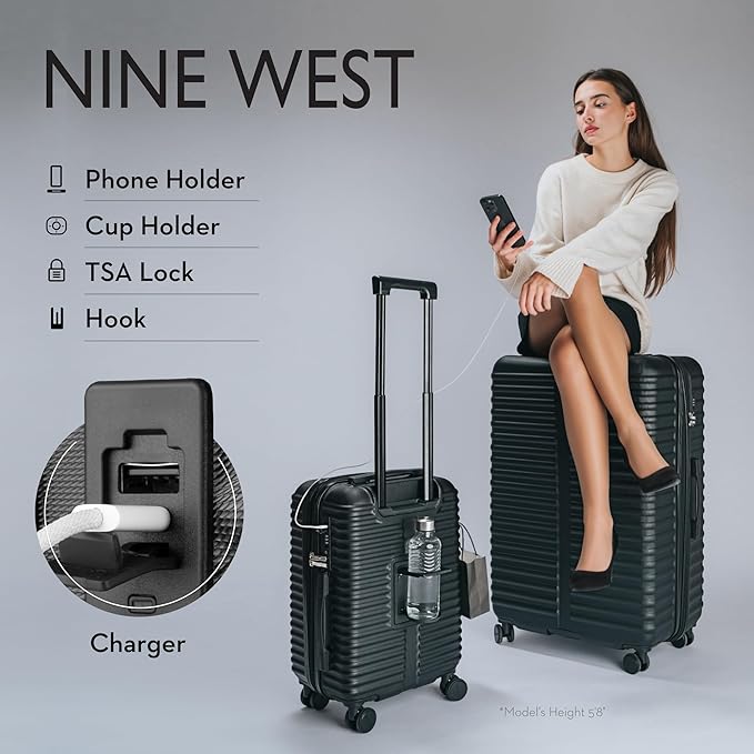 Nine West Suvi 2 Piece Luggage Set for Cruise & Extended Trips, 32" Large Expandable Suitcase & 20" Smart Carry On with USB Port, Hardshell Spinners Midnight Black