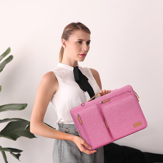 MOSISO 360 Protective Laptop Shoulder Bag,15-15.6 inch Computer Bags Compatible with MacBook Pro 16 inch, HP, Dell, Lenovo, Asus Notebook,Side Open Messenger Bag with 4 Zipper Pockets, Rose Red