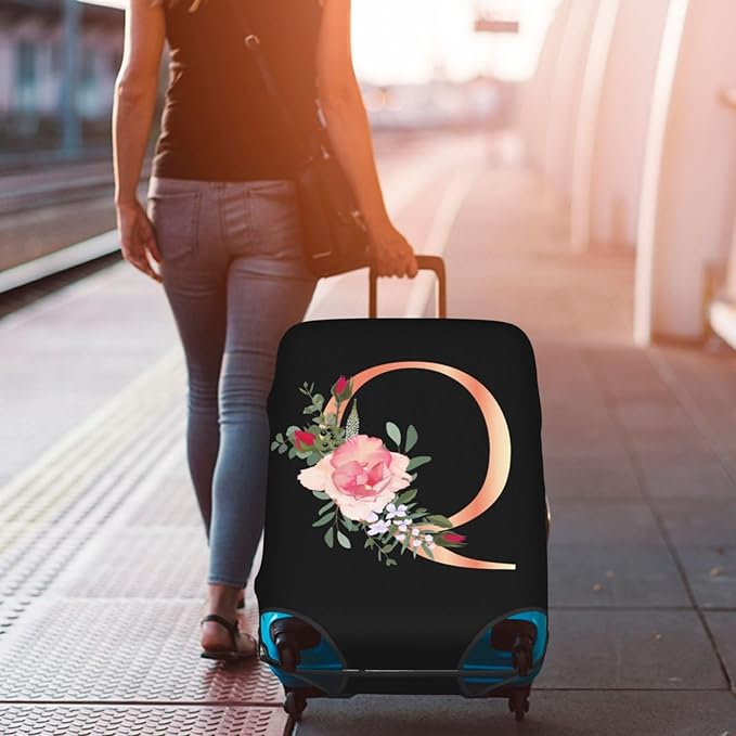 Floral Letter Q Travel Luggage Cover Spandex Suitcase Protector Elastic Washable Stretch Suitcase Cover,Size L(Fit 25-28inch Suitcase)