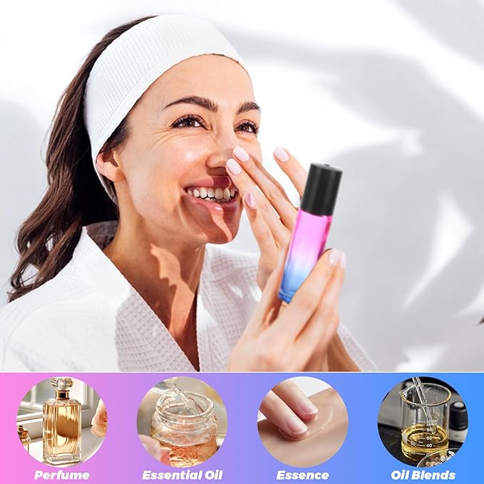 Acrux7 50 PCS 10ml Roller Bottles for Essential Oils, Gradient Color Glass Roll on Bottle Refillable Empty Perfume Roller Bottles with Stainless Steel Ball for Travel, Essential Oils, Perfume