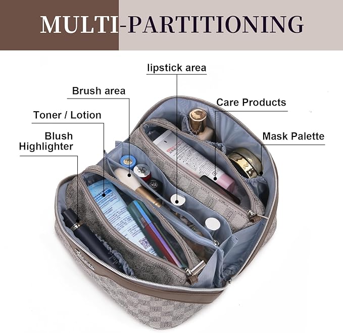 BOYATU Travel Makeup Bag Cosmetic Bags for Women: Large Make up Bags Set of 3 - Portable Makeup Organizer with Compartments&Handle&Divider - Waterproof PU Leather Toiletry Bag(C-1-Light Brown)