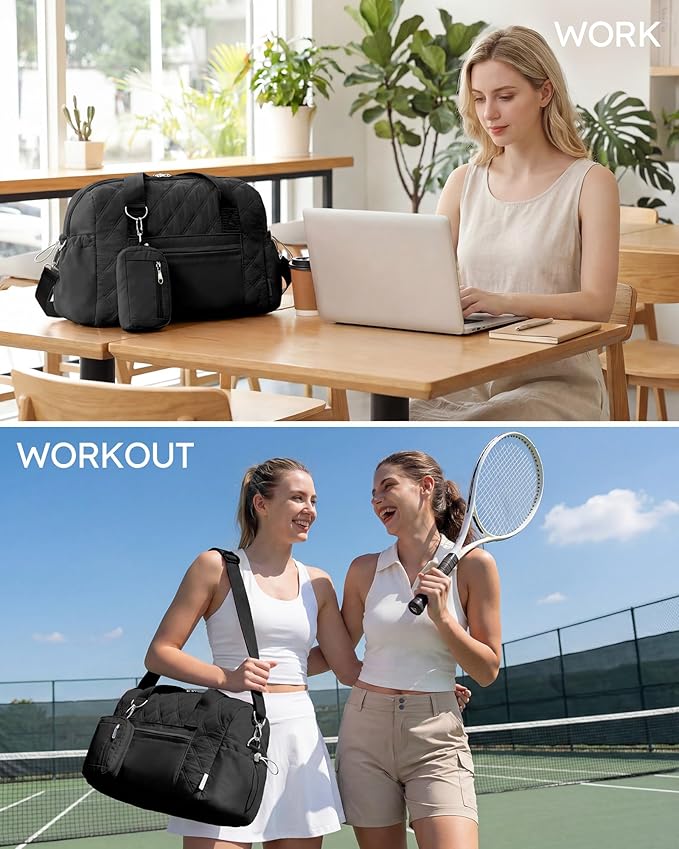 Kookoomia Puffer Gym Bag for Women, Quilted Weekender Bag for Travel, Lightweight Carry on Duffle for Sports Workout Dance Ballet Yoga Gymnastics Hospital with Wet Pocket, Black