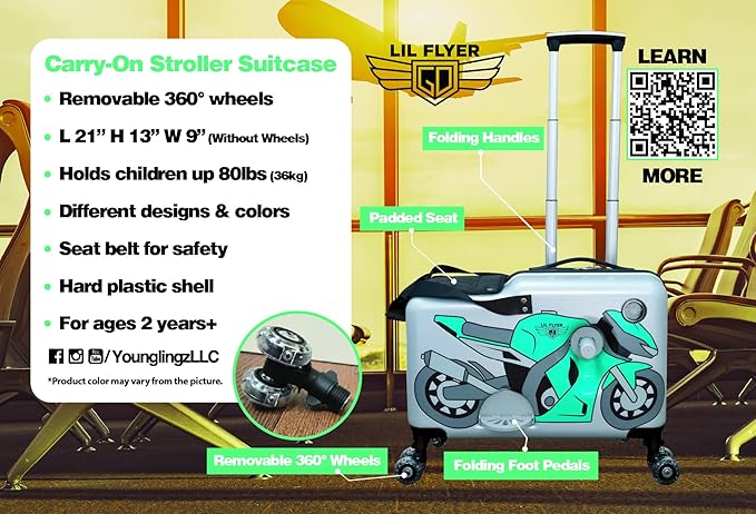 Younglingz LIL FLYER GO Version 2 Ride On Suitcase for Kids | Carry On Luggage with Toddler Seat, Foldable Handlebars, Pedals, and Removable Wheels | Holds up to 80 lbs | Green Motorcycle | Ages 2-6