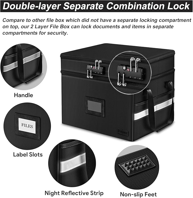 ETRONIK Fireproof Document Box with Lock, 2 Layer File Cabinet Organizer with 5 Tab Inserts, Portable Office Collapsible File Storage with Reflective Strip for Hanging Letter, Legal Size Folder