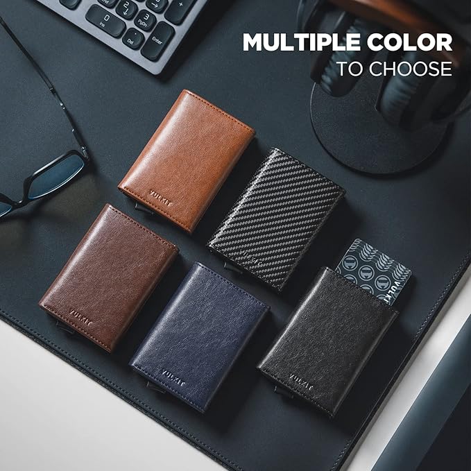 VULKIT Pop up Card Wallet Minimalist Cash Wallets RFID Blocking Leather Smart Credit Card Holder with ID window for Men (Carbon Black)