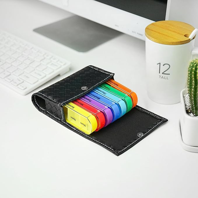 LIZIMANDU Weekly Travel Pill Case Box Medication Reminder Daily AM PM, 7 Compartments, 4 Times A Day, 7 Days a Week - Includes Leather PU Carrying Case (1-Weave Black)