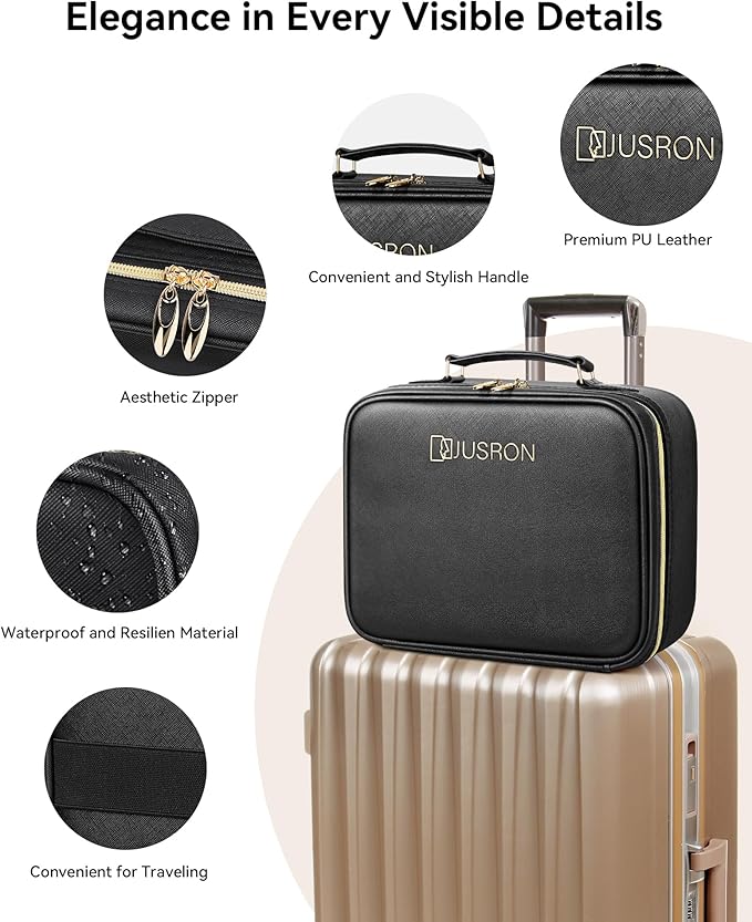 JUSRON Travel Makeup Bag With LED Mirror,Train Case with Light up Mirror, Portable Makeup Artist Organizer Bag with Adjustable Dividers (Black, Large)