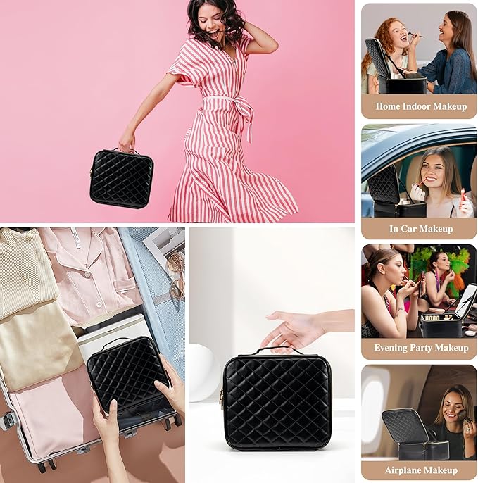 SJD Travel Makeup Bag with LED Mirror, Portable Cosmetic Case Organizer with Lighted Mirror, Waterproof Makeup Case for Cosmetic Brush Holder Storage, Black Toiletry Bag for Women Gift