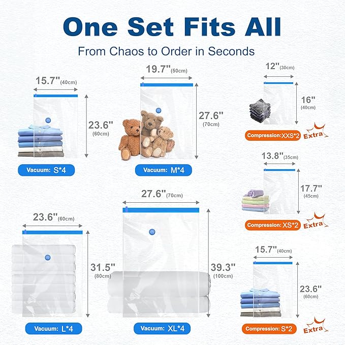 HOUSE DAY 22 Pack Vacuum Seal Bags For Clothing Travel, Vacuum Bags With Electric Pump, Vacuum Sealer Bag for Clothes, Comforters, Blankets, Pillows, Moving (4XL/4L/4M/4S/2S Roll/2XS Roll/2XXS Roll)