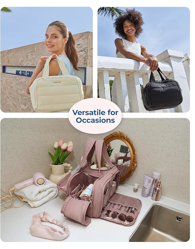 BAGSMART Travel Toiletry Bag, Lightweight Large Wide-open Travel Bag for Women, Puffy Cosmetic Makeup Bag Organizer with Handle for Accessories,Essentials, Toiletries, Dark Pink