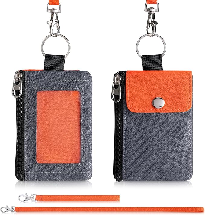 Minimalist Wallet For Mens Womens, Keychain RFID Blocking Zipper Small Wallet with ID Window 2 Lanyards,Water Resistant Travel Cash Card Coin Case Boys Girls
