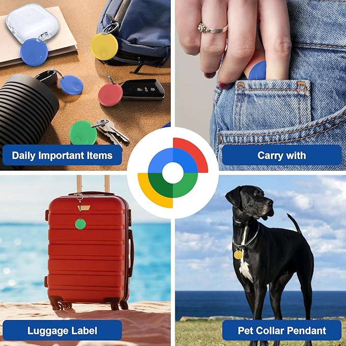 Smart Tags-4 Pack for Android Tracker Tags, Bluetooth Tracker, Work with Google's Find Hub App, Item Finder for Keys, Item Locator for Wallet, Suitcases, Pets (Multicolored)