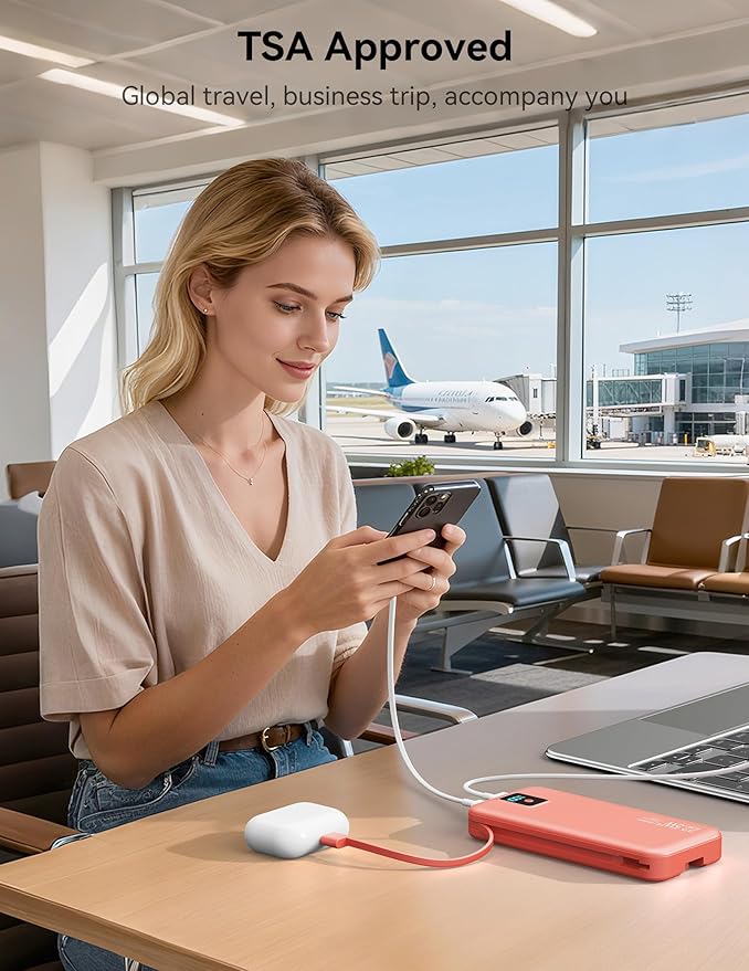 Portable Charger, 12000mAh 22.5W Fast Charging Power Bank with Built-in Cables & Wall Plug, Travel Essentials Battery Pack with LED Display, USB C External Battery Bank for iPhone iPad, Samsung Red