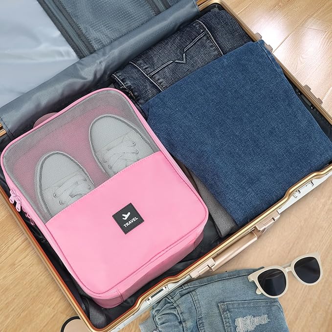 2 Layers Travel Shoe Bag, Portable Shoe Bags Hold 2 Pair Of Shoes, Water-Resistant Shoe Storage Pouch For Travel (Pink, 2 Pack)