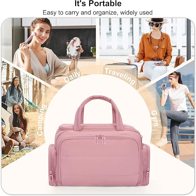 Travel Cosmetic Bag for Women, Lightweight Wide-open Makeup Travel Bags for Toiletries with 2 Removable Dividers, Large Makeup Organizer with Brushes Board, Multi Pockets for Gym, Daily, Pink