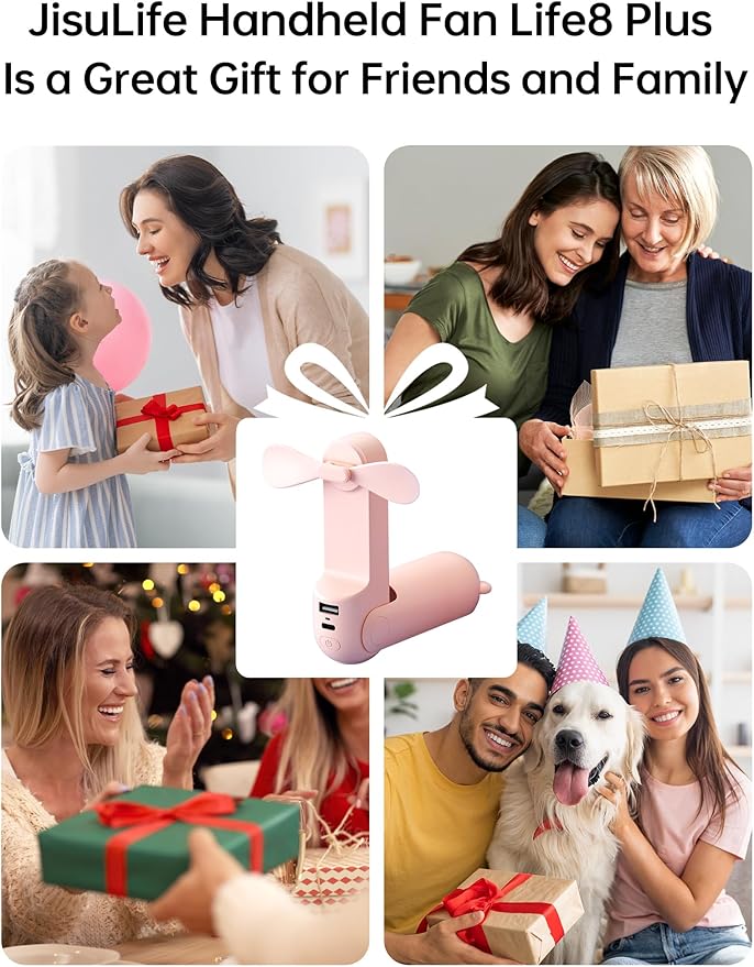 JISULIFE Handheld Fan with 4500 mAh Powerbank Max 37 Hours Runtime, Pocket Portable Battery Operated or USB Powered Folding Personal Fan, 3 Speeds, Gifts for Women Men Kids Gift for Festival-Pink
