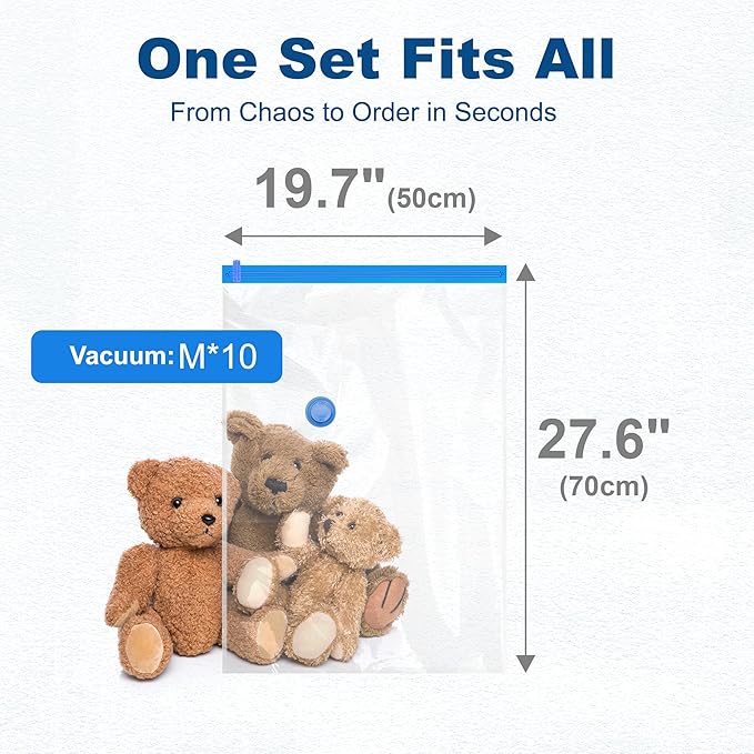 HOUSE DAY 10 Medium Vacuum Seal Bags For Clothing Travel, 80% Space Saving Travel Vacuum Bags with Electric Pump, Vacuum Storage Bags For Clothes, Blankets, Moving, Camping, Toys, Reusable & Durable