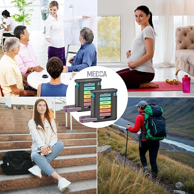 Stackable Daily Pill Organizer - 2 Pack, 4 Times a Day Weekly Medication Reminder - Premium Weekly AM/PM Pill Box with 7 Individual Stacking Cases, a Everyday Medicine Organizer for Vitamins