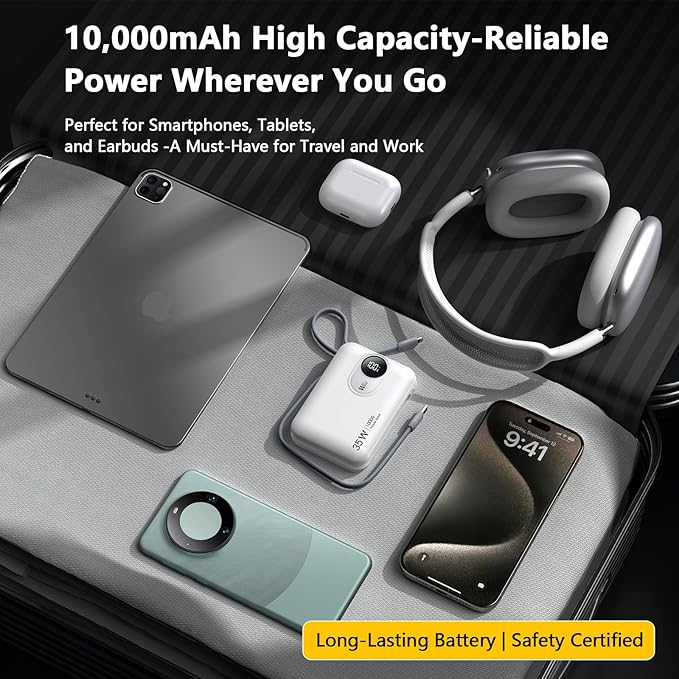 W&P Portable Charger for iPhone, 35W Fast Charging 10000mAh Portable Power Bank with Built-in USB-C & Lightning Cables, Compact Travel Battery Pack for iPhone 15/14/13, Android, iPad, MacBook