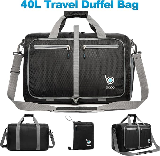 Bago Foldable Duffel Bags for Traveling Women & Men - 40L Sports Packable Duffle Bag for Travel with Shoe Compartment - Water Repellant, Heavy Duty, Lightweight Folding & Collapsible (Black)