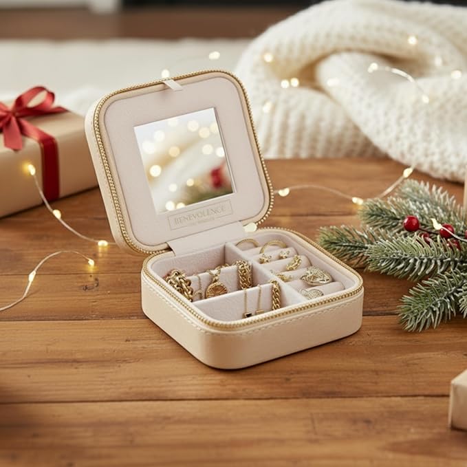 Benevolence LA Plush Velvet Jewelry Box | Travel Jewelry Case Organizer with Mirror | Featured in Oprah's Favorite Things | Best Gifts For Daughter, Girlfriend, Mom | Gifts For Her - Champagne