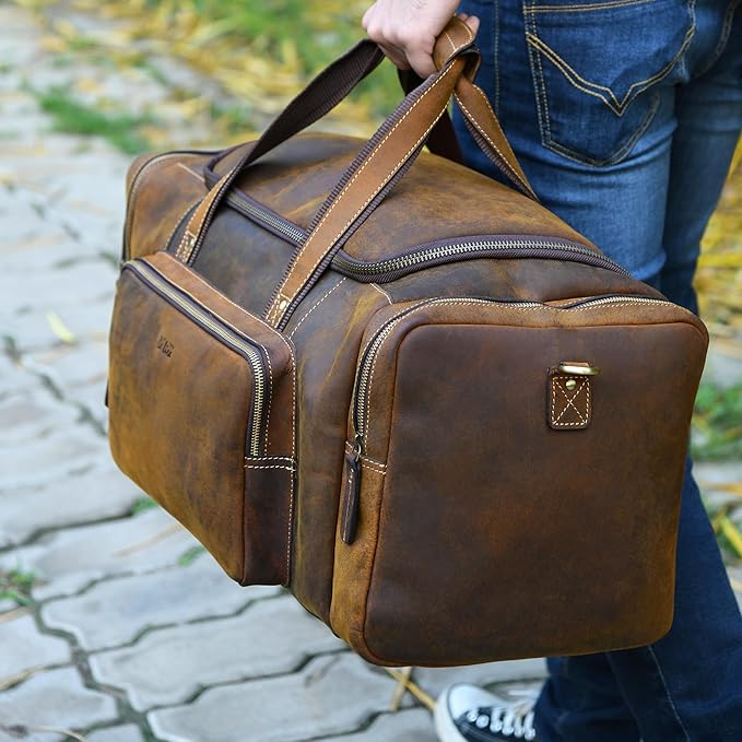 Leather Travel Bag with Trolley Strap,s Adjustable Shoulder Strap, Laundry Bag Travel Duffel Bag 22x11x12 by De Lira