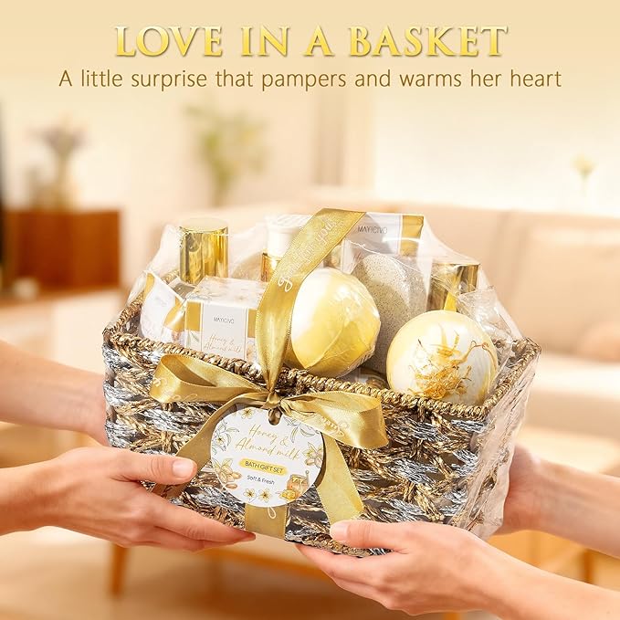 Christmas Birthday Gifts for Women, Honey & Almond Milk Relaxing Spa Gift Baskets for Women Self Care Package Bath Gift Set, Home Bath and Body Kit Pamper Gifts for Womens Mom Her Friends Sister Wife