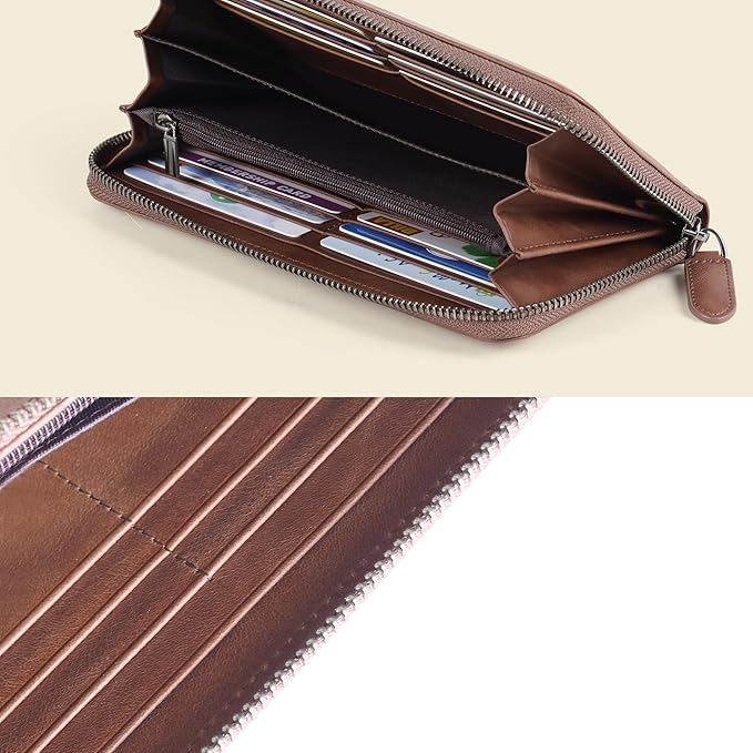 VISOUL Leather Long Zipper Pouch Wallet for Men and Women with RFID Blocking, Large Clutch Cash Long Wallet with Zipper (Brown)
